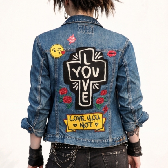 Jackets & Blazers - Hippie Boho Punk Rock Back Patches/Embroidered Blue Denim Jean Jacket Sz M